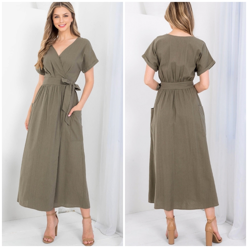 LAST ONE❗ILLA ILLA Chic Olive Surplice Wrap Around Midi Dress - Picture 10 of 10